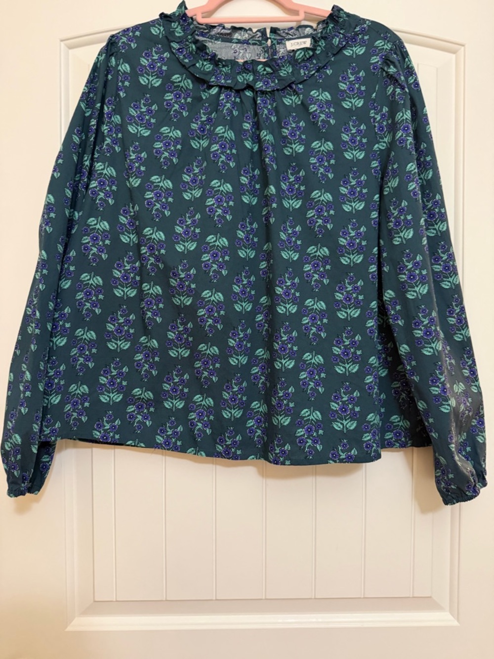 J. Crew Green & Pyrple Floral Ruffle Collar Long-Sleeve Blouse Sz. XXL